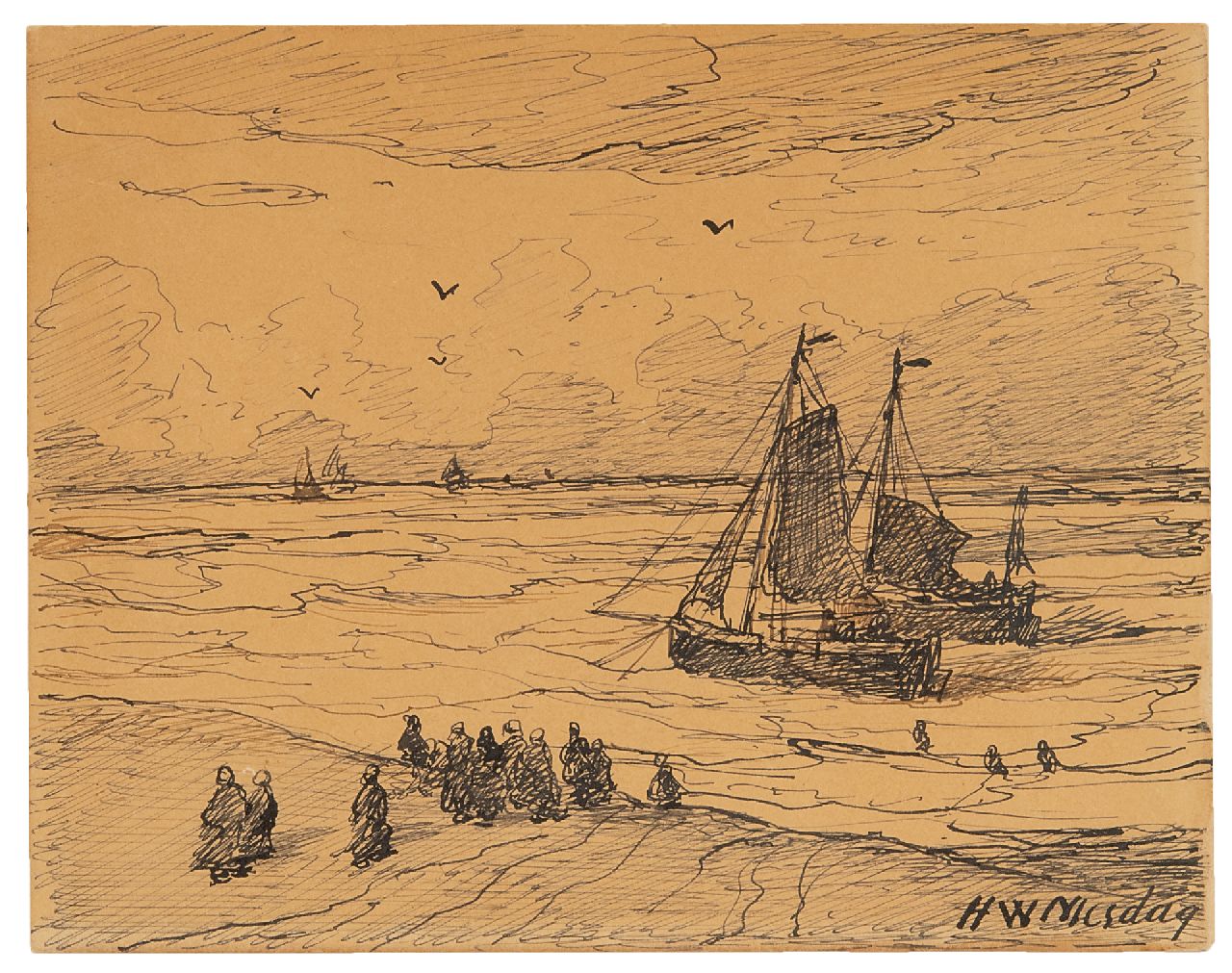 Mesdag H.W.  | Hendrik Willem Mesdag | Watercolours and drawings offered for sale | Fishing ships in the surf, Scheveningen, pen and ink on paper 11.4 x 14.5 cm, signed l.r. and dated on the reverse 3 Nov 1894