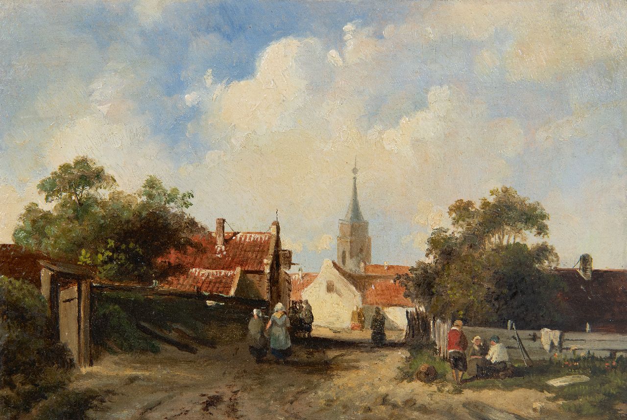 Leickert C.H.J.  | 'Charles' Henri Joseph Leickert | Paintings offered for sale | View in a Dutch village, oil on panel 12.8 x 18.9 cm, signed l.r. with initials