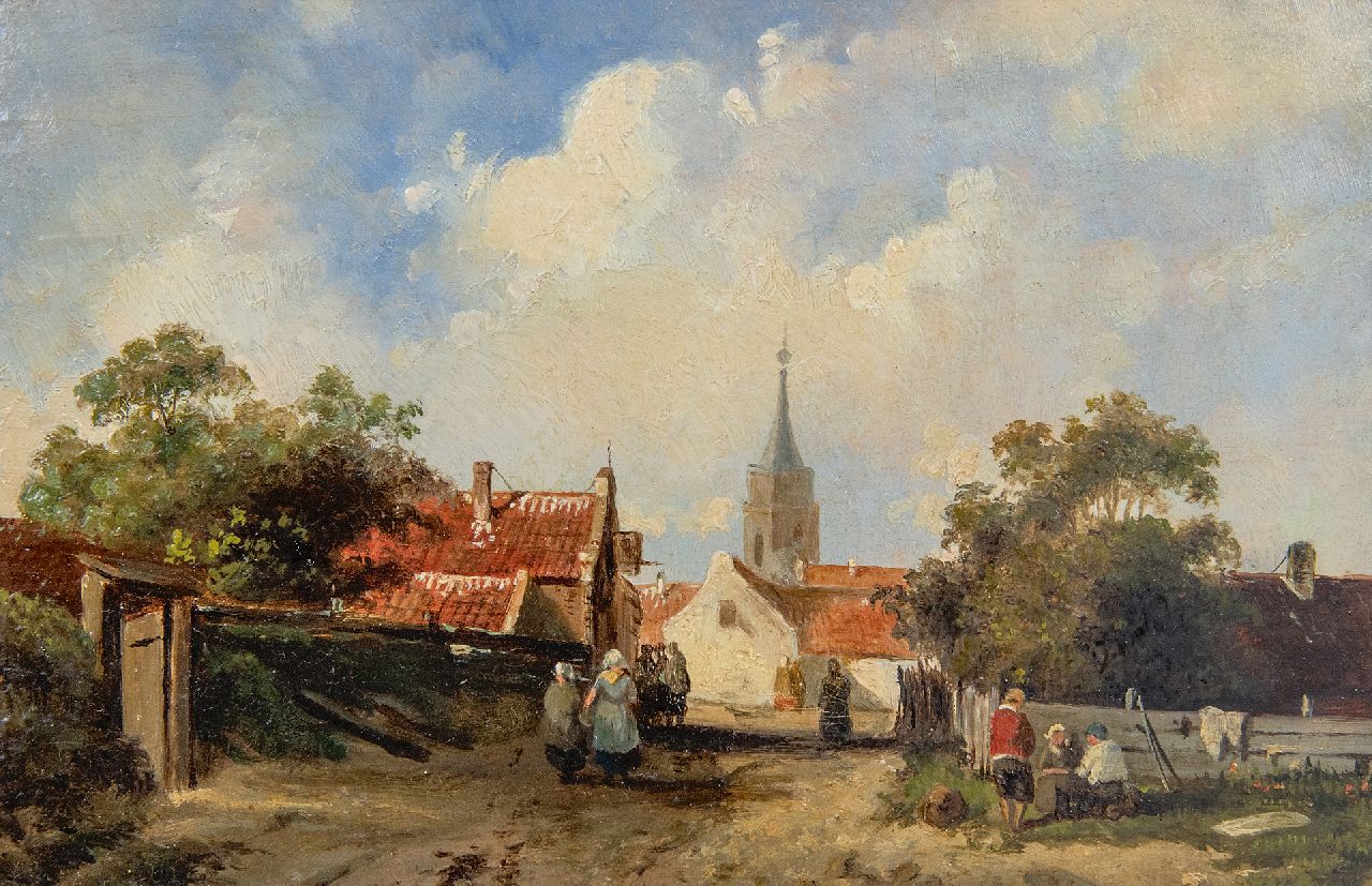 Leickert C.H.J.  | 'Charles' Henri Joseph Leickert | Paintings offered for sale | View in a Dutch village, oil on panel 12.8 x 18.9 cm, signed l.r. with initials