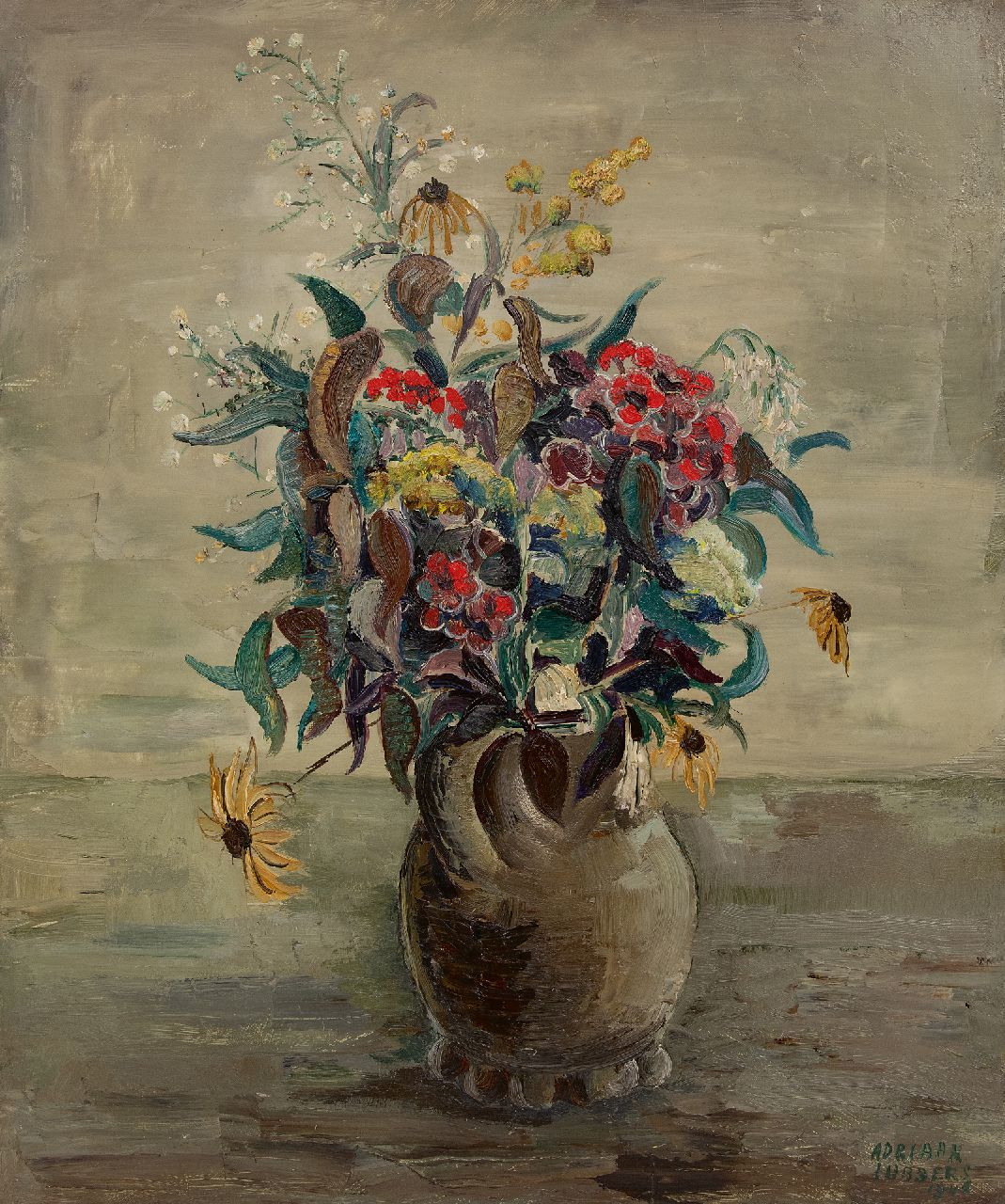 Lubbers A.  | Adriaan Lubbers, Flower still life in earthenware vase, oil on canvas 60.0 x 50.3 cm, signed l.r. and dated 1946