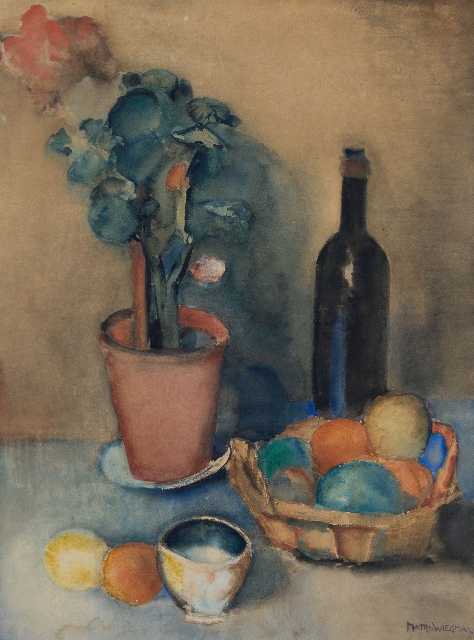 Wiegman M.J.M.  | Mattheus Johannes Marie 'Matthieu' Wiegman | Watercolours and drawings offered for sale | Still life with geranium, fruit and a wine bottle, watercolour on paper 73.0 x 54.1 cm, signed l.r.