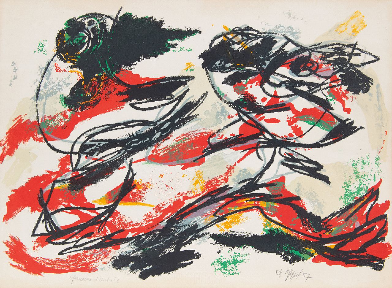Appel C.K.  | Christiaan 'Karel' Appel | Prints and Multiples offered for sale | Happy Flight, lithograph on paper 55.2 x 74.9 cm, signed l.r. and dated '57