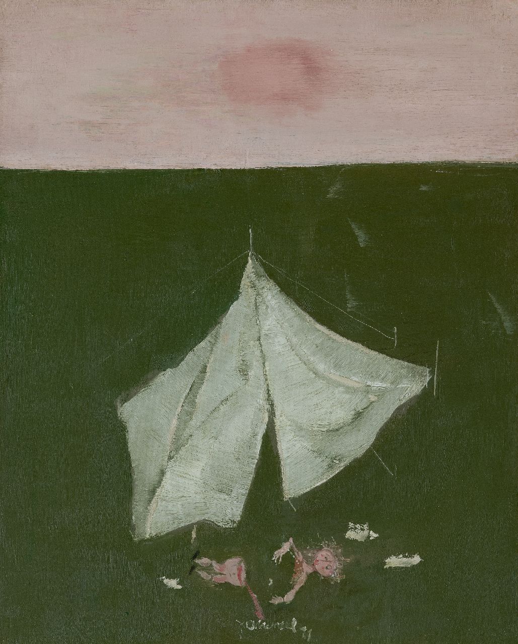 Heel J.J. van | Johannes Jacobus 'Jan' van Heel | Paintings offered for sale | 'Tentje in landschap met gebroken pop' (Tent in a landscape with a broken doll), oil on canvas 60.1 x 50.3 cm, signed b.c. and dated '77