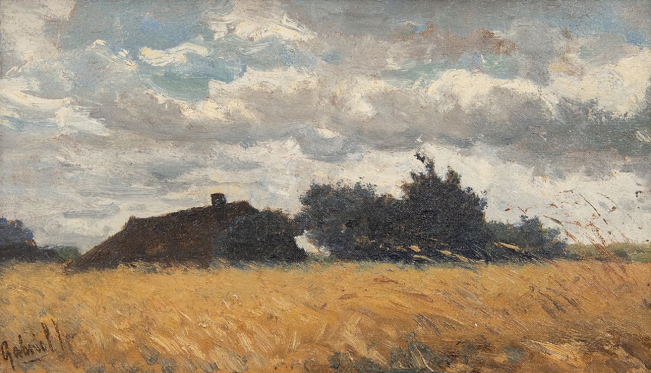 Gabriel P.J.C.  | Paul Joseph Constantin 'Constan(t)' Gabriel, Farmhouse hidden behind a cornfield, oil on canvas laid down on panel 19.8 x 33.6 cm, signed l.l.