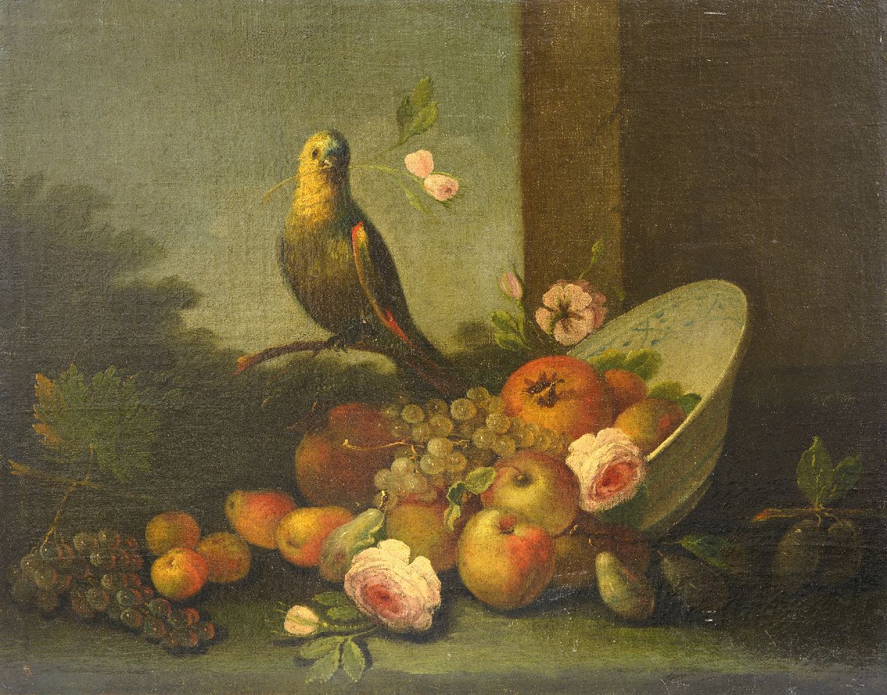 Europese School, 18e eeuw   | Europese School, 18e eeuw | Paintings offered for sale | Fruit still life with parrot, oil on canvas 62.4 x 78.4 cm