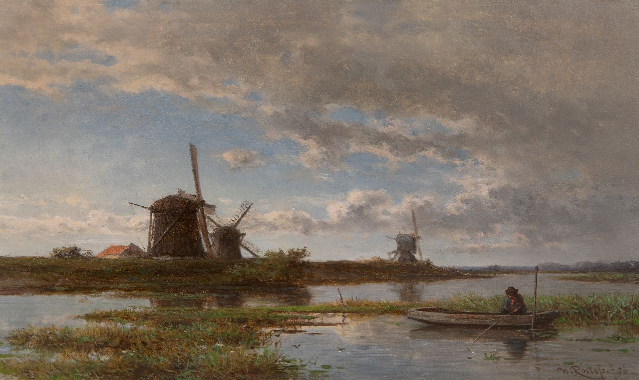 Roelofs W.  | Willem Roelofs | Paintings offered for sale | Polder landscape with windmills and an angler, oil on panel 24.3 x 40.4 cm, signed l.r. and dated '56