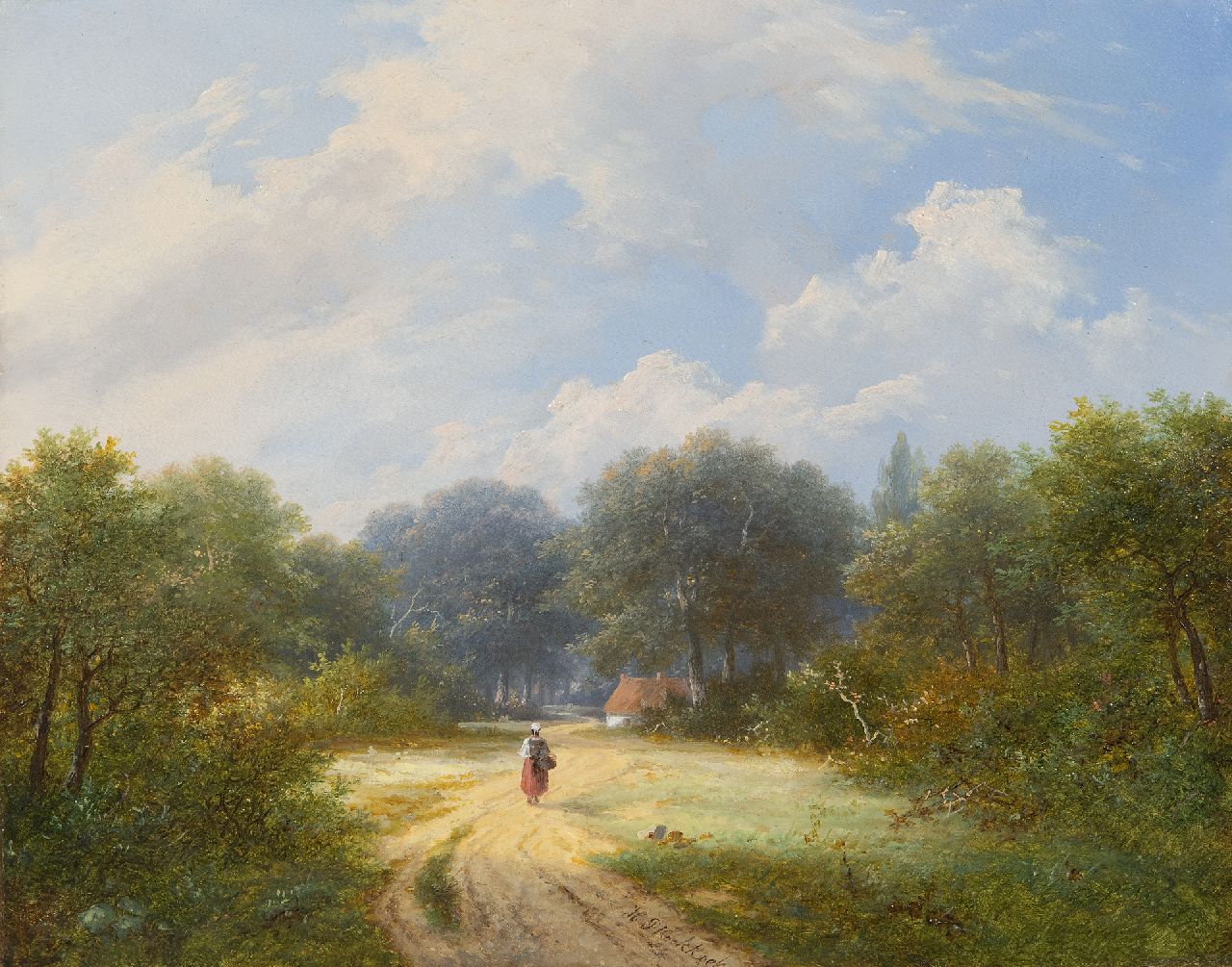 Koekkoek P.H.  | Pieter Hendrik 'H.P.' Koekkoek, Summer landscape with woman, oil on panel 26.1 x 33.0 cm, signed c.b.