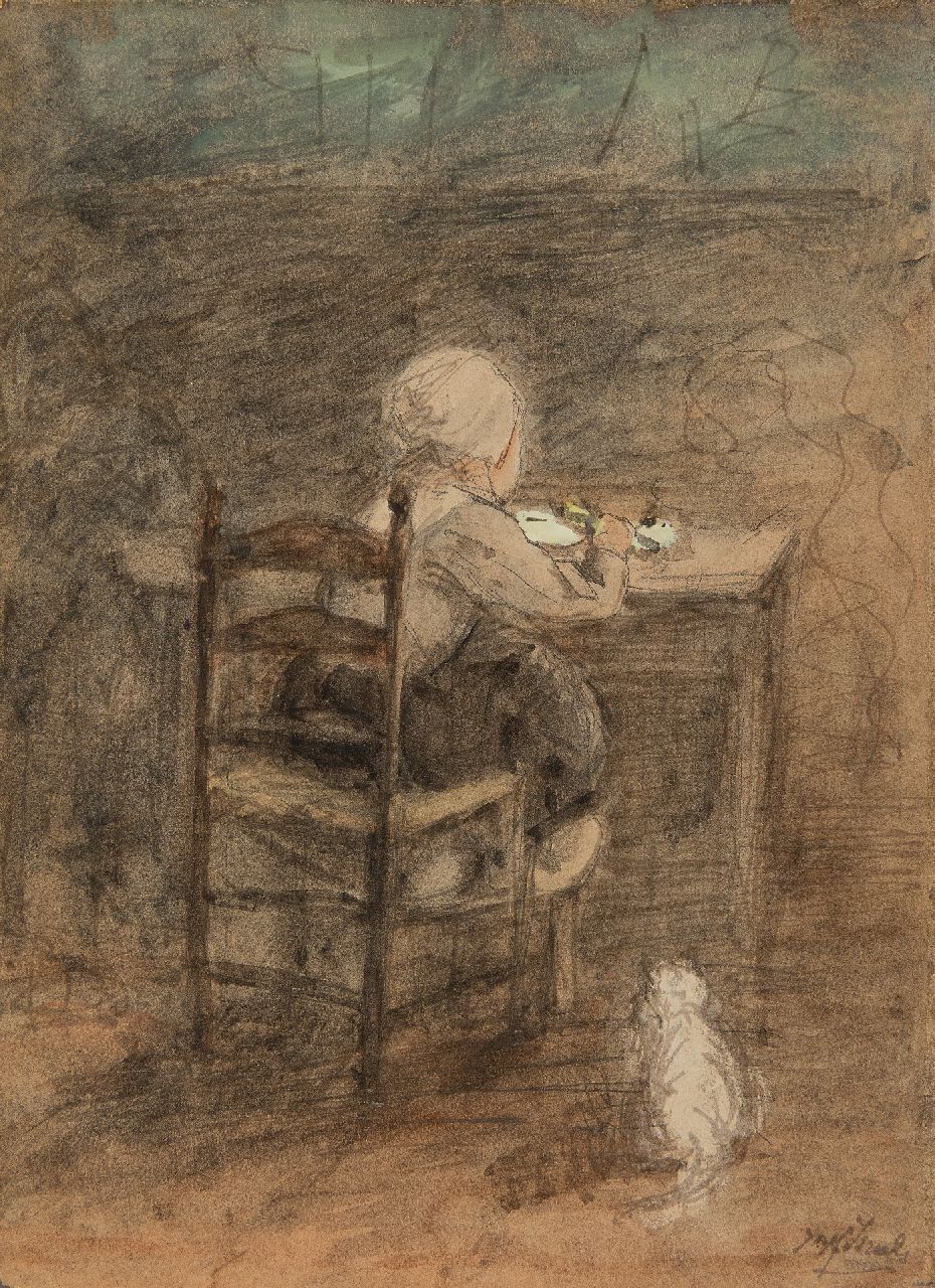 Jozef Israëls | Having breakfast, pencil and watercolour on paper, 20.3 x 14.7 cm, signed l.r.