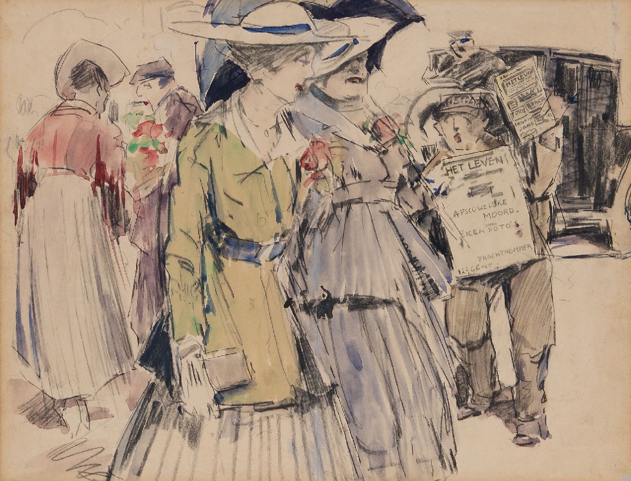 Hem P. van der | Pieter 'Piet' van der Hem | Watercolours and drawings offered for sale | Street scene with newspaper and flower sellers, watercolour on paper 30.0 x 39.5 cm