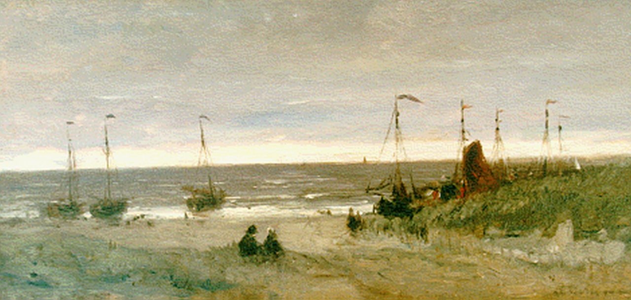 Mesdag H.W.  | Hendrik Willem Mesdag, Doorkijkje vanaf de duinen op het strand met bomschuiten, oil on panel 12.6 x 26.0 cm, gesigneerd vaag
