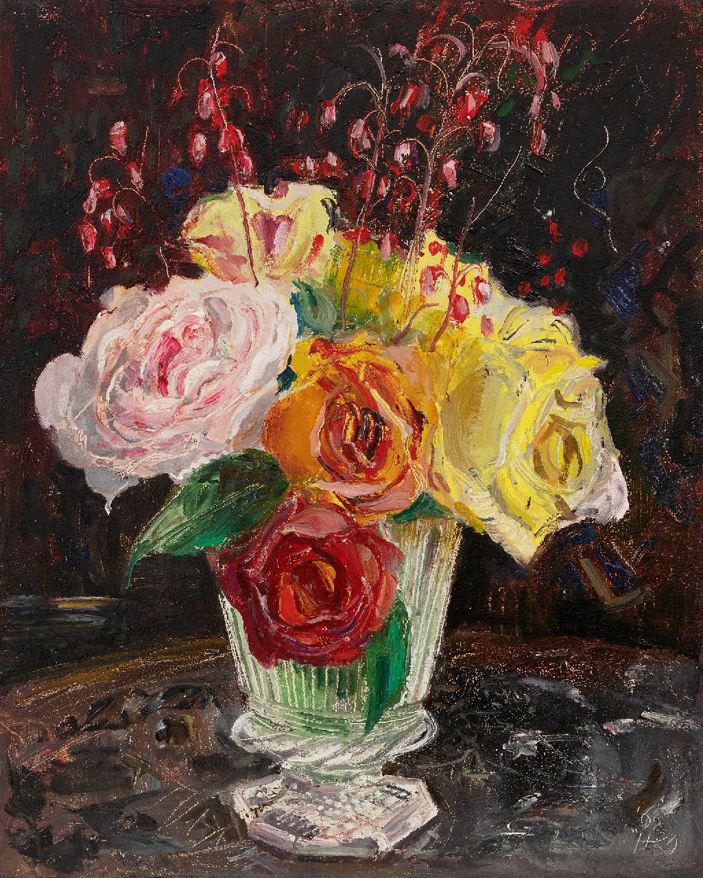 Kamerlingh Onnes H.H.  | 'Harm' Henrick Kamerlingh Onnes | Paintings offered for sale | Roses in a glass vase, oil on board 30.6 x 24.6 cm, signed l.r. with monogram and dated '62