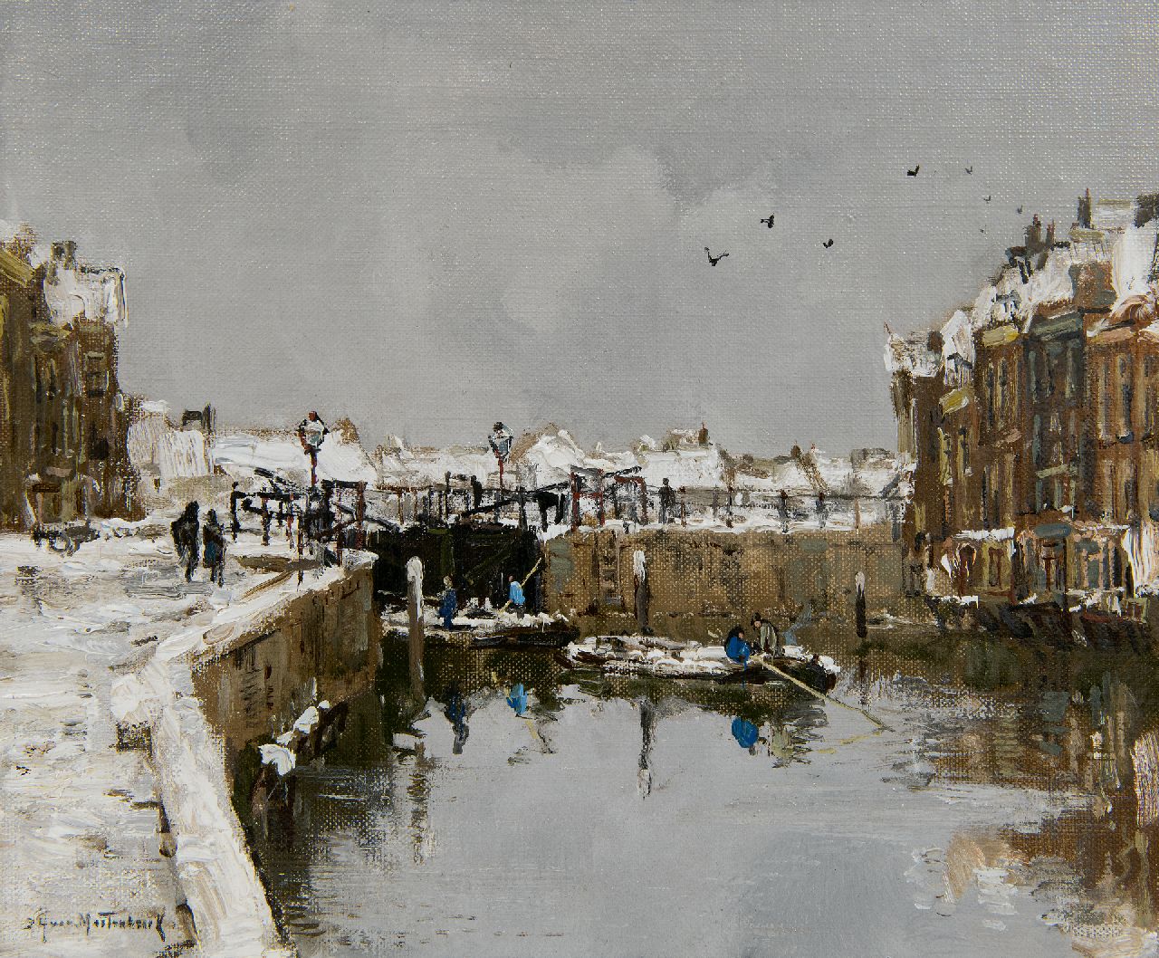 Mastenbroek J.H. van | Johan Hendrik van Mastenbroek, Sluisje bij winter (Lock in winter), oil on canvas laid down on panel 24.3 x 27.4 cm, signed l.l.