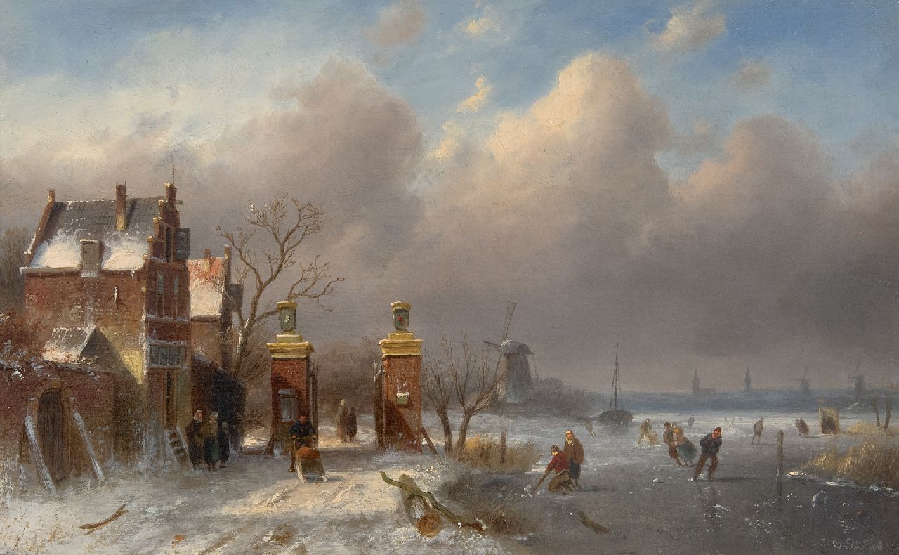 Leickert C.H.J.  | 'Charles' Henri Joseph Leickert | Paintings offered for sale | Skaters on a frozen waterway near the 'Leidsche Hek' in Oegstgeest, oil on panel 25.0 x 40.0 cm, signed l.r.