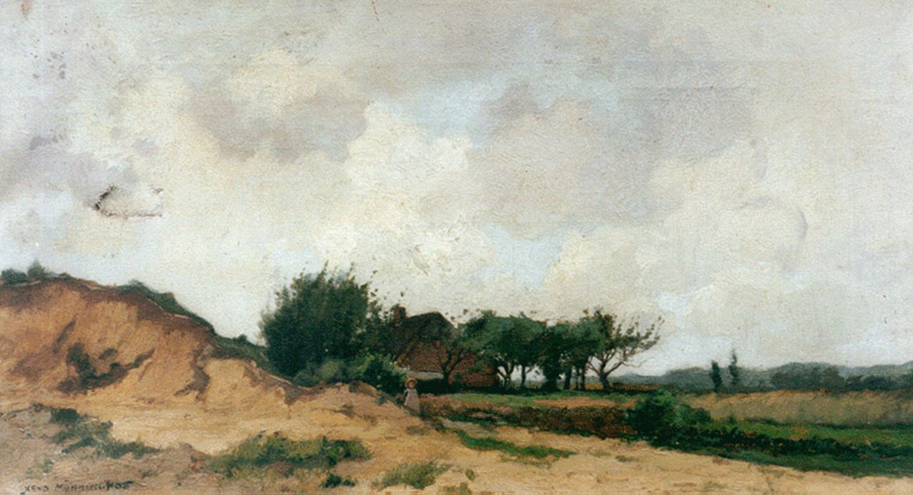 Münninghoff X.A.F.L.  | 'Xeno' Augustus Franciscus Ludovicus Münninghoff, A little girl in a landscape, a farm in the distance, oil on canvas 27.5 x 49.0 cm, signed l.l.