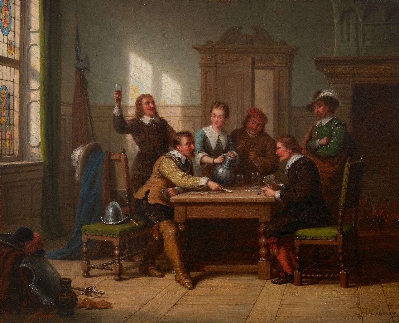 Scheerboom A.  | Andries Scheerboom | Paintings offered for sale | Soldiers drinking and playing card games, oil on canvas 43.7 x 54.1 cm, signed l.r.