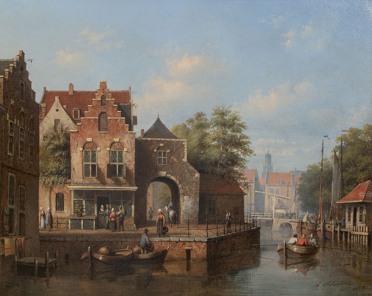 Scheerboom A.  | Andries Scheerboom | Paintings offered for sale | Daily activities in a Dutch town, oil on canvas 53.5 x 66.6 cm, signed l.r. and dated 1856