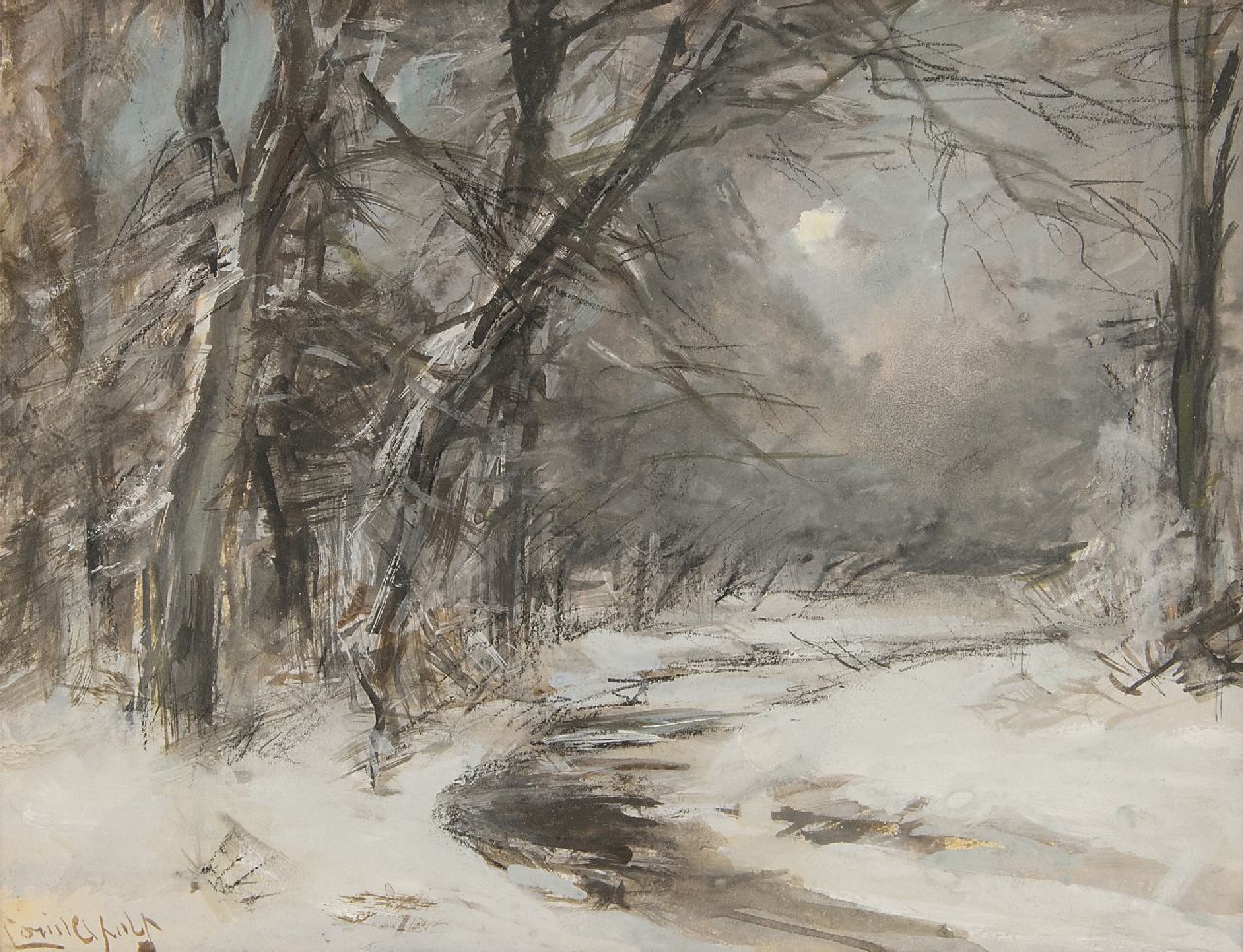 Apol L.F.H.  | Lodewijk Franciscus Hendrik 'Louis' Apol, Snowy forest scene, gouache on paper 15.5 x 20.5 cm, signed l.l.