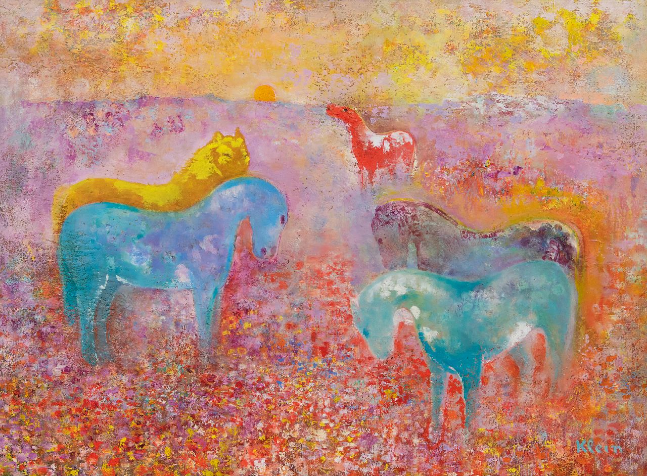 Frits Klein | Five horses in sunny pasture, oil on canvas, 54.9 x 73.2 cm, signed l.r.