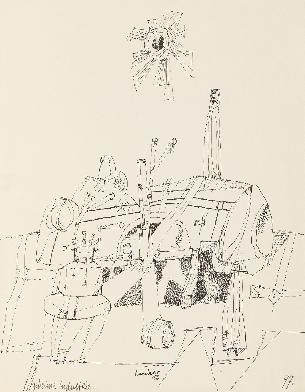 Lucebert (Lubertus Jacobus Swaanswijk)   | Lucebert (Lubertus Jacobus Swaanswijk) | Watercolours and drawings offered for sale | Geheime industrie (Secret industry), ink on paper 27.0 x 21.0 cm, signed l.c. and dated '56