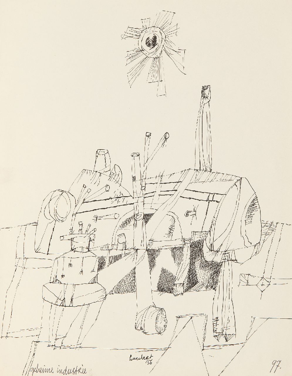 Lucebert (Lubertus Jacobus Swaanswijk)   | Lucebert (Lubertus Jacobus Swaanswijk) | Watercolours and drawings offered for sale | Geheime industrie (Secret industry), pen and ink on paper 26.9 x 20.9 cm, signed l.c. and dated '56, without frame