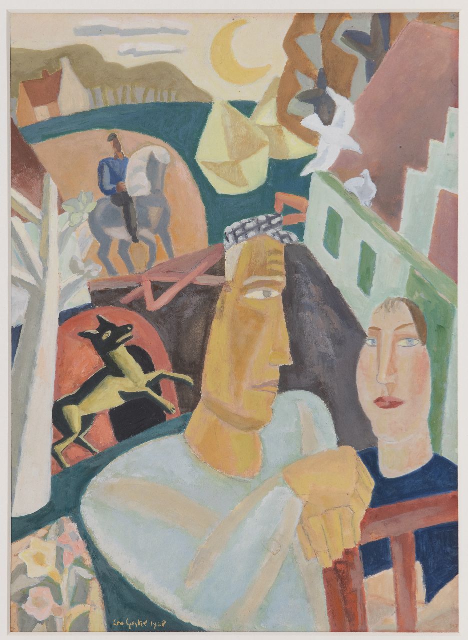 Gestel L.  | Leendert 'Leo' Gestel, Man and woman with a horseman in the background, gouache on paper 37.2 x 27.0 cm, signed l.l. and dated 1928