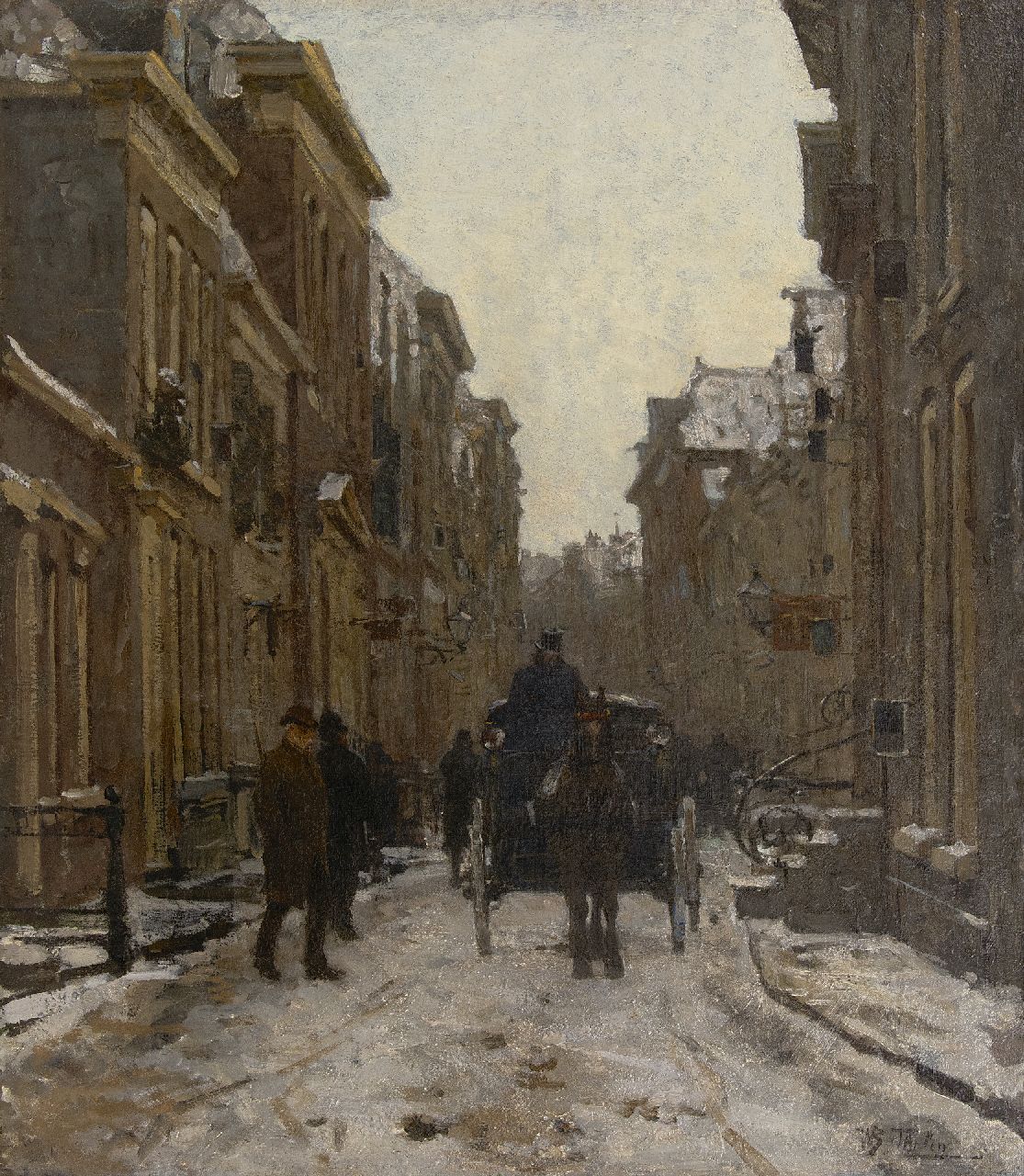 Tholen W.B.  | Willem Bastiaan Tholen, Carriage in a snowy street in Voorburg, oil on canvas laid down on panel 64.1 x 56.3 cm, signed l.r. and executed ca. 1889