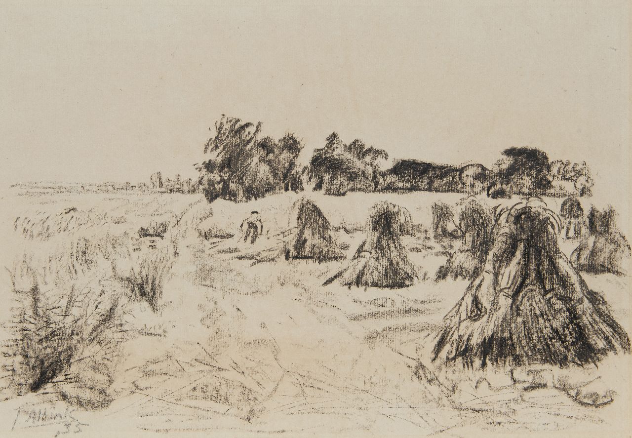 Altink J.  | Jan Altink, Harvest landscape with hay sheaves, chalk on paper 36.0 x 48.9 cm, signed l.l. and dated '35, without frame