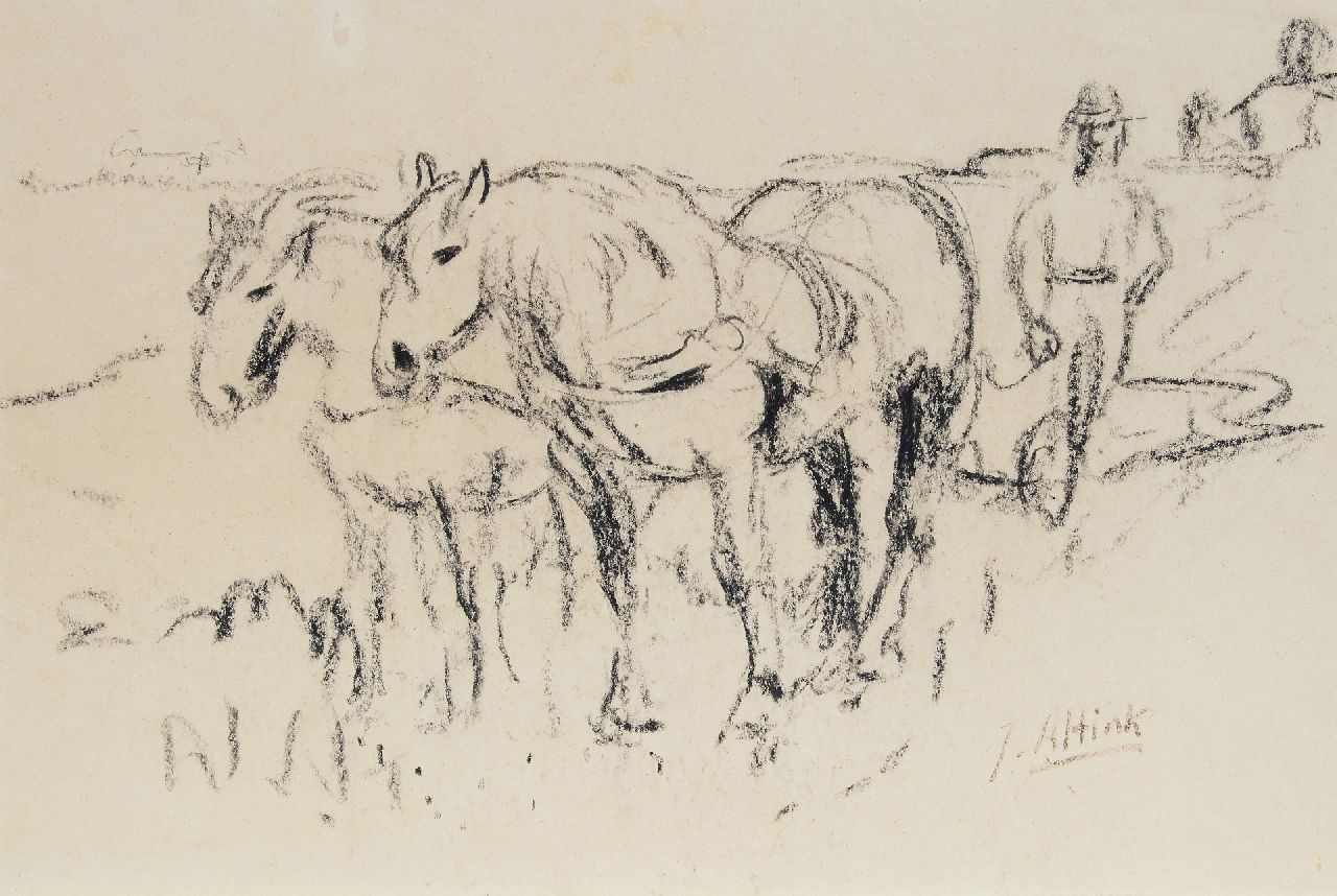 Altink J.  | Jan Altink | Watercolours and drawings offered for sale | Plowing farmer, chalk on paper 50.1 x 70.4 cm, signed l.r. and zonder lijst