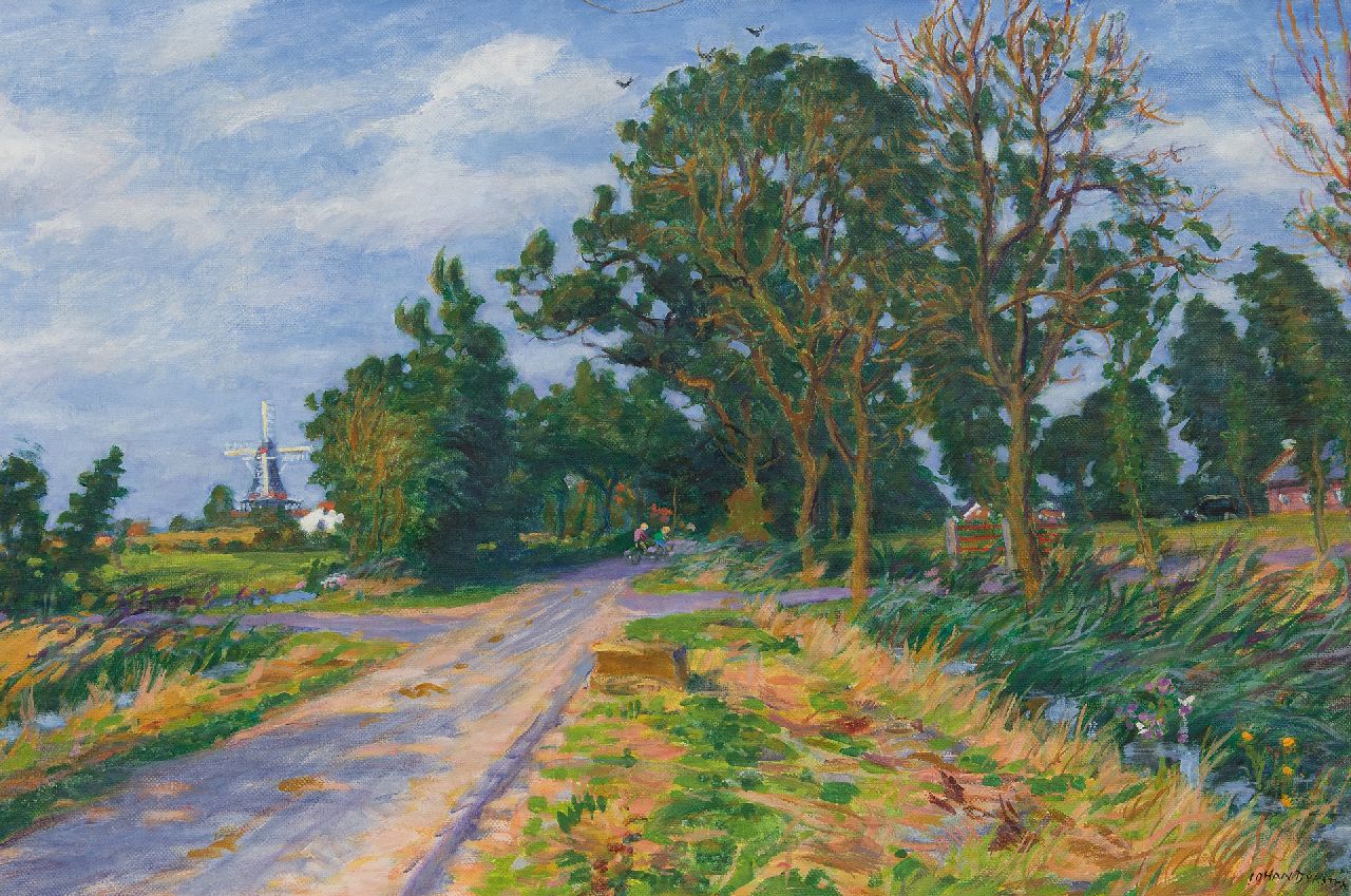 Dijkstra J.  | Johannes 'Johan' Dijkstra | Paintings offered for sale | Country road in Den Andel, Groningen, oil on canvas 60.4 x 90.2 cm, signed l.r. and painted end 1940s