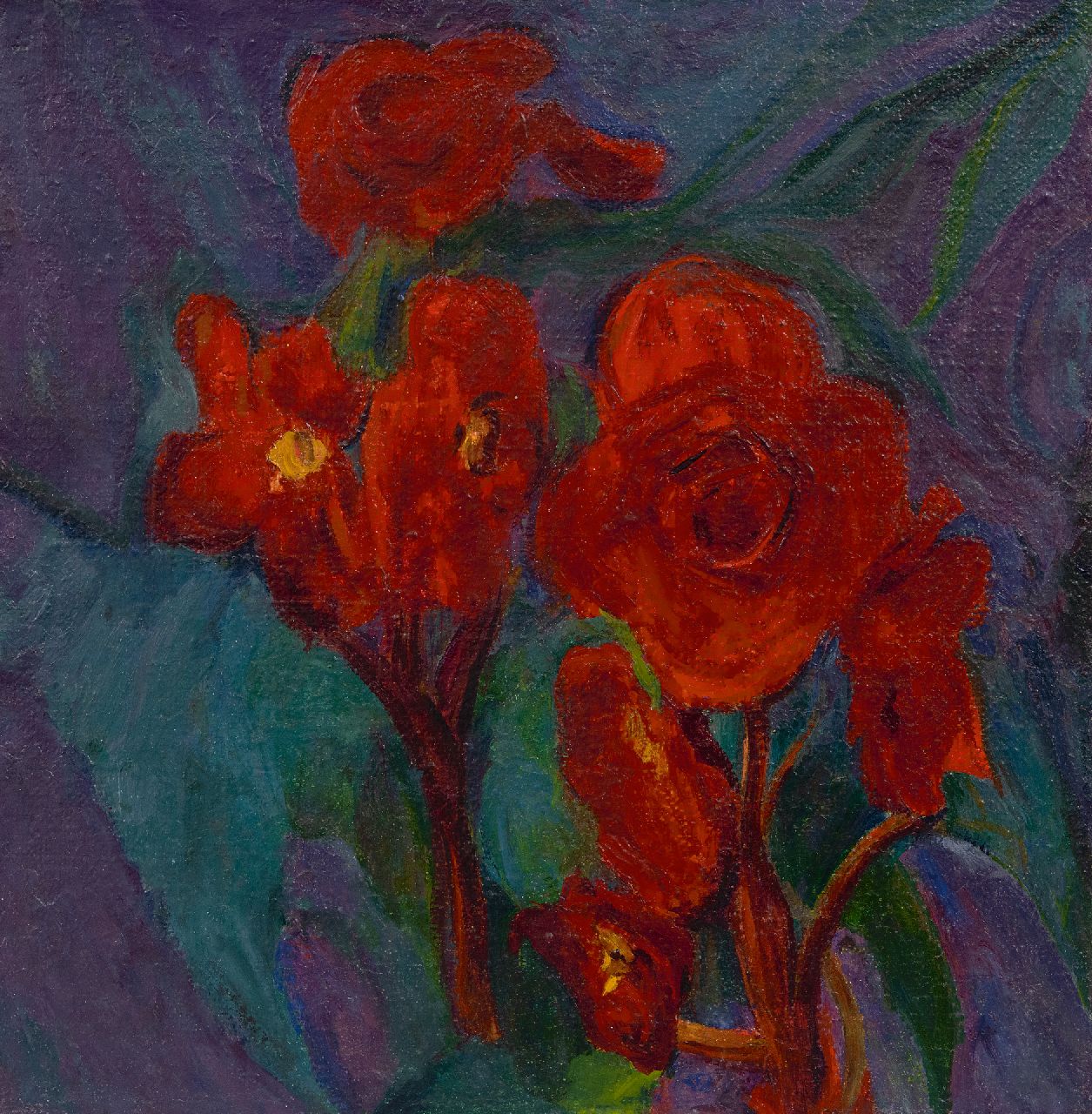 Dijkstra J.  | Johannes 'Johan' Dijkstra | Paintings offered for sale | Red flowers, oil on canvas 36.0 x 35.8 cm, signed on the stretcher
