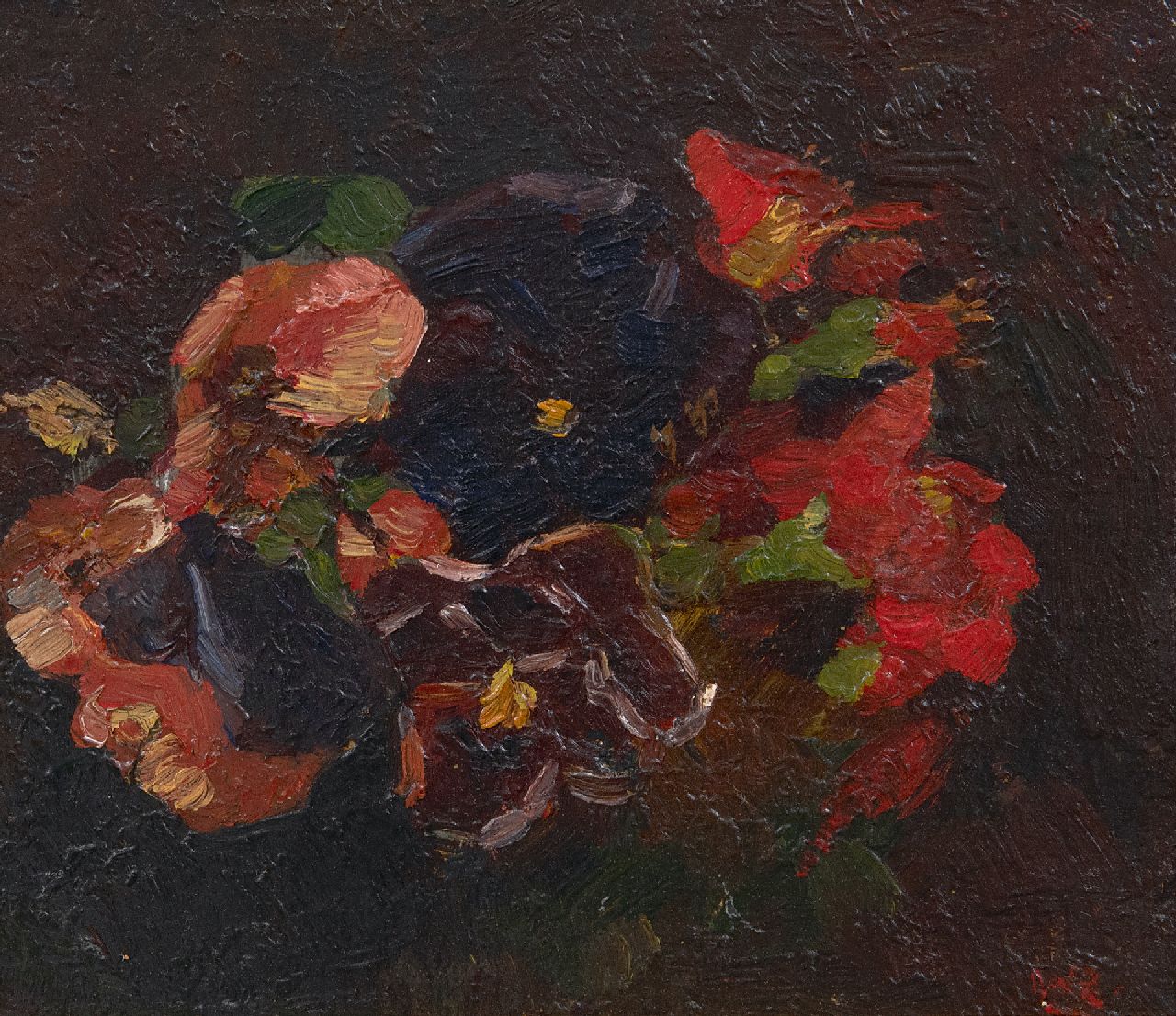 Zwart W.H.P.J. de | Wilhelmus Hendrikus Petrus Johannes 'Willem' de Zwart, Violets and red nasturtiums, oil on panel 13.1 x 15.2 cm, signed l.r. with initials