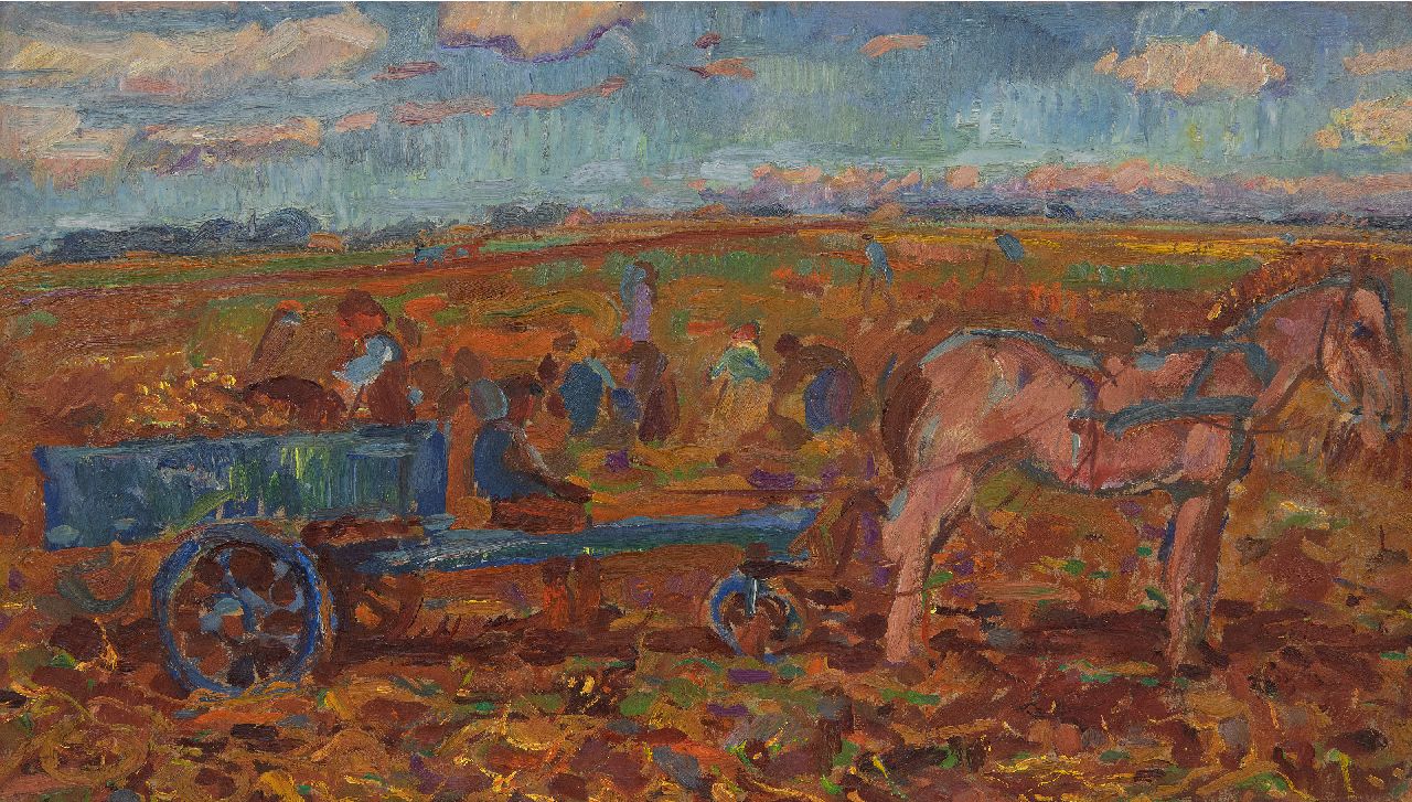 Dijkstra J.  | Johannes 'Johan' Dijkstra | Paintings offered for sale | Harvesting farm workers, oil on board laid down on panel 35.7 x 62.8 cm