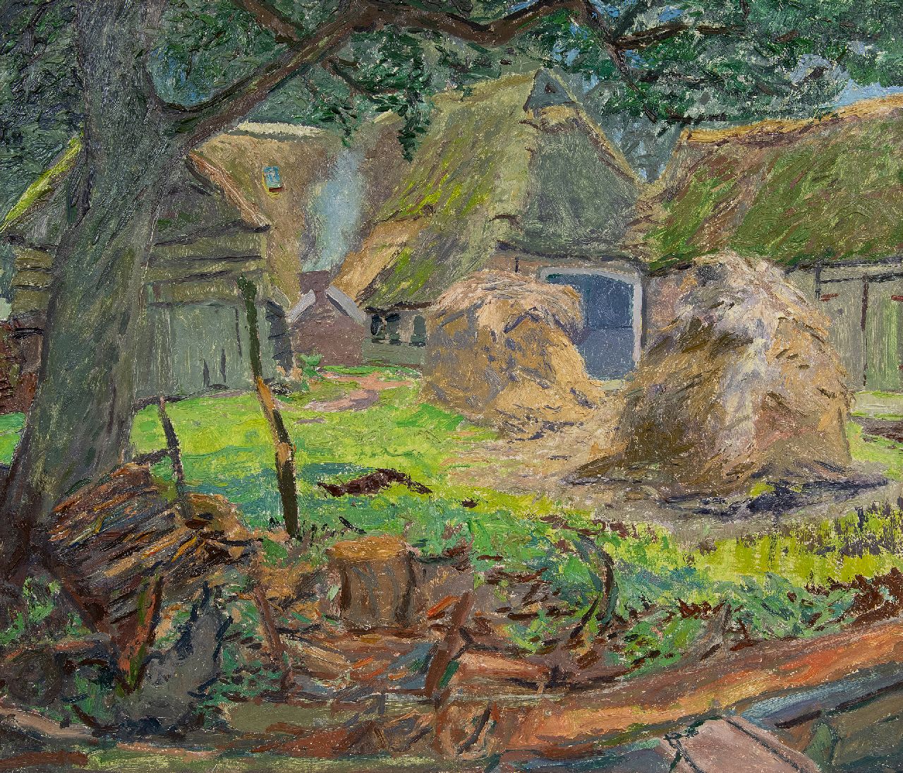 Vries J. de | Jannes de Vries, Farmyard with hay shards, oil on canvas 60.4 x 70.8 cm, signed on the reverse with monogram