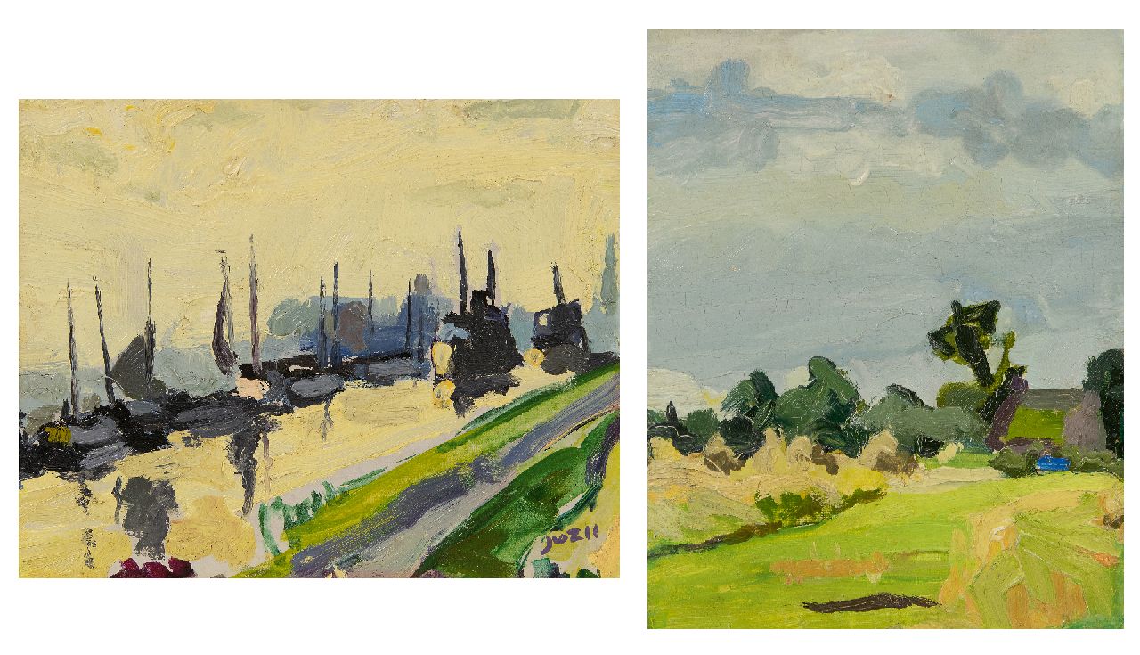 Zee J. van der | Jan van der Zee | Paintings offered for sale | Ships in the Damsterdiep; on the reverse: Summer landscape, oil on panel 24.4 x 30.5 cm, signed l.r.