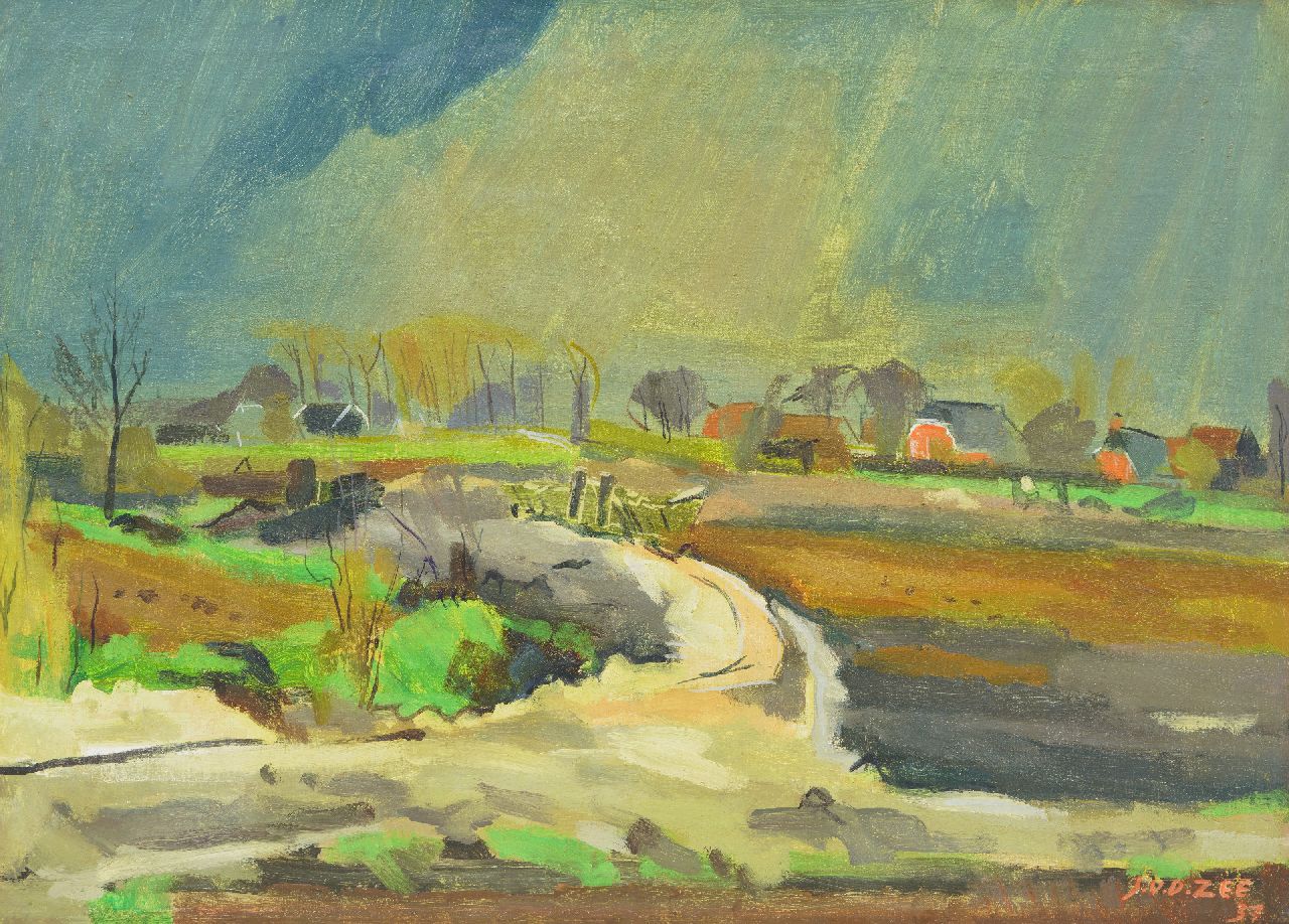 Zee J. van der | Jan van der Zee, Landscape with farms in Groningen, oil on canvas 50.3 x 70.5 cm, signed l.r. and dated '37 Zee J. van der | Jan van der Zee, Landscape with farms in Groningen, oil on canvas 50.3 x 70.5 cm, signed l.r. and dated '37