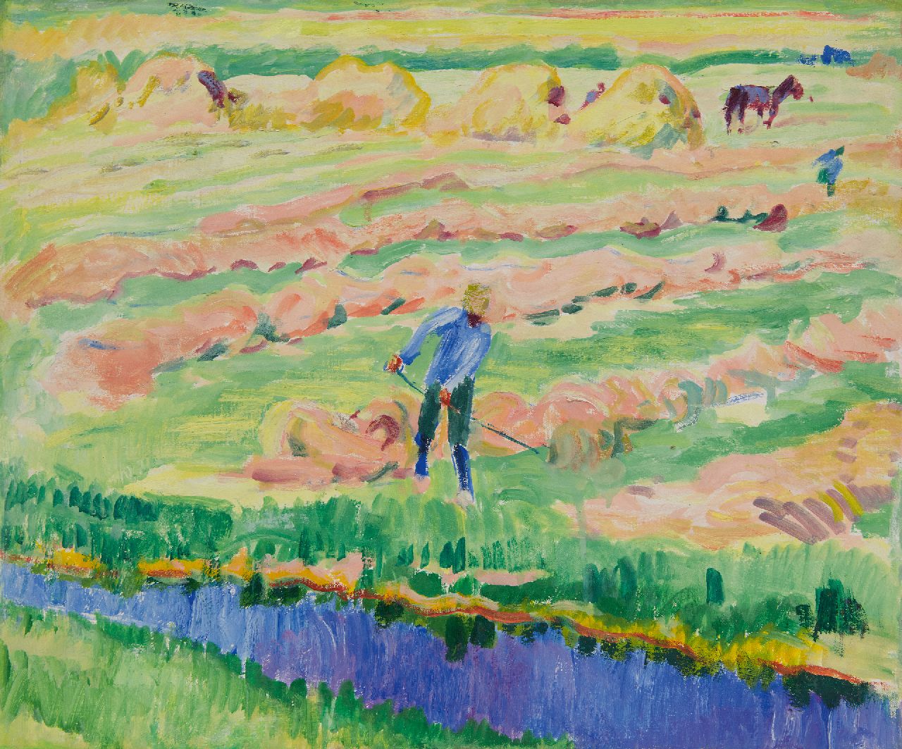 Altink J.  | Jan Altink | Paintings offered for sale | Landscape with haymaking farmer, oil on canvas 50.3 x 60.2 cm