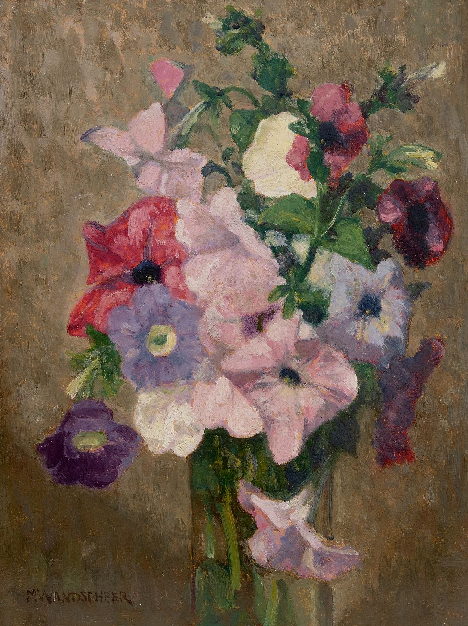 Wandscheer M.W.  | Maria Wilhelmina 'Marie' Wandscheer | Paintings offered for sale | Flower stilllife with petunias, oil on panel 32.2 x 23.6 cm, signed l.l.