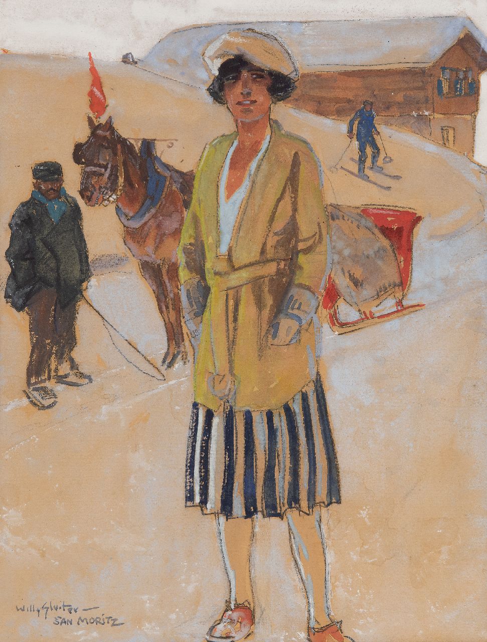 Sluiter J.W.  | Jan Willem 'Willy' Sluiter, Winter sports in St. Moritz, black chalk and watercolour on paper 31.2 x 25.1 cm, signed l.l. and dated on the reverse 1928