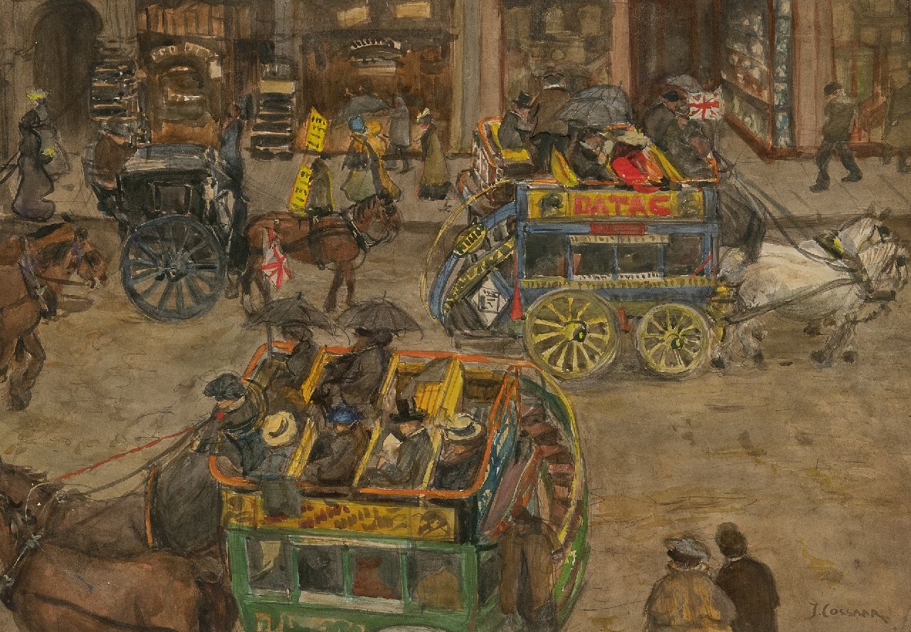 Cossaar J.C.W.  | Jacobus Cornelis Wyand 'Ko' Cossaar | Watercolours and drawings offered for sale | Omnibusses in a London street, pencil and watercolour on paper 38.8 x 55.8 cm, signed l.r.