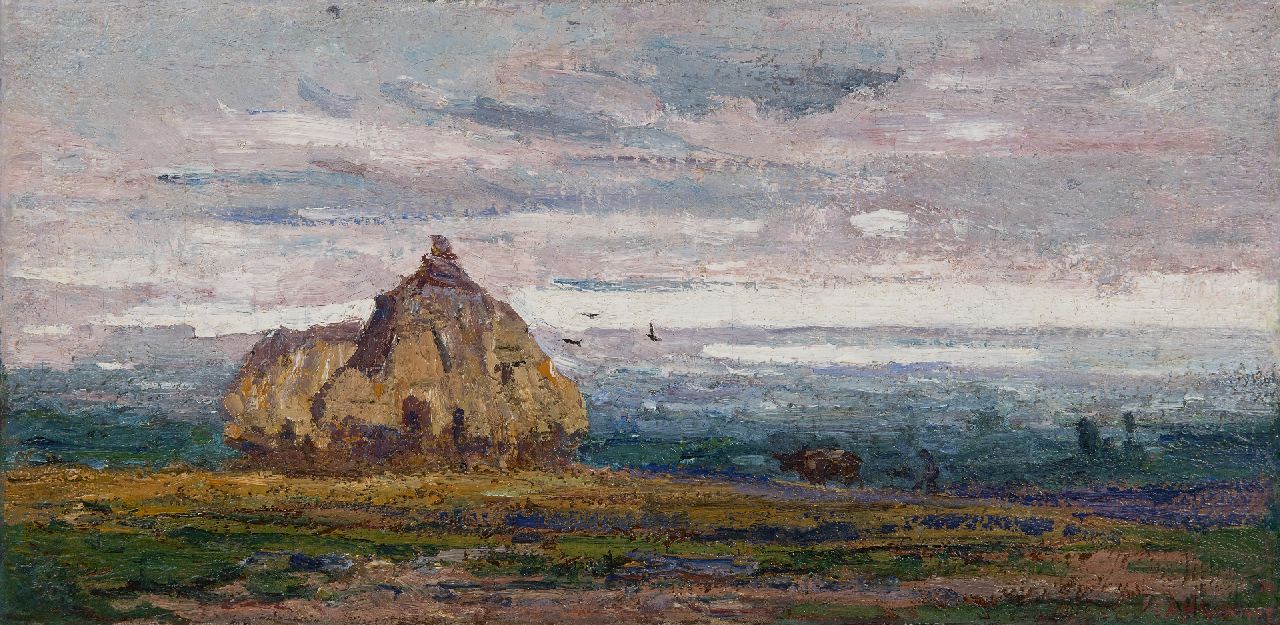 Gouwe A.H.  | Adriaan Herman Gouwe, Panoramic landscape with haystacks, oil on canvas 22.3 x 45.5 cm, signed l.r. and dated '14