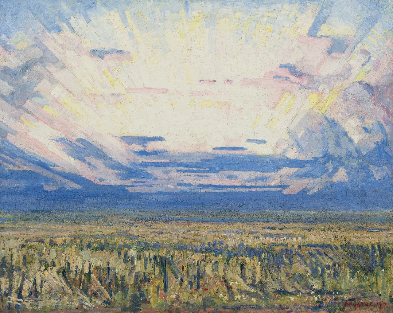 Gouwe A.H.  | Adriaan Herman Gouwe | Paintings offered for sale | Landscape at sunrise, oil on canvas 79.8 x 99.5 cm, signed l.r. and dated 1914