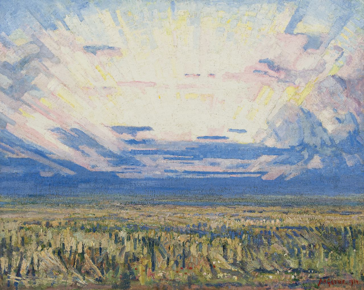 Gouwe A.H.  | Adriaan Herman Gouwe, Landscape at sunrise, oil on canvas 79.8 x 99.5 cm, signed l.r. and dated 1914