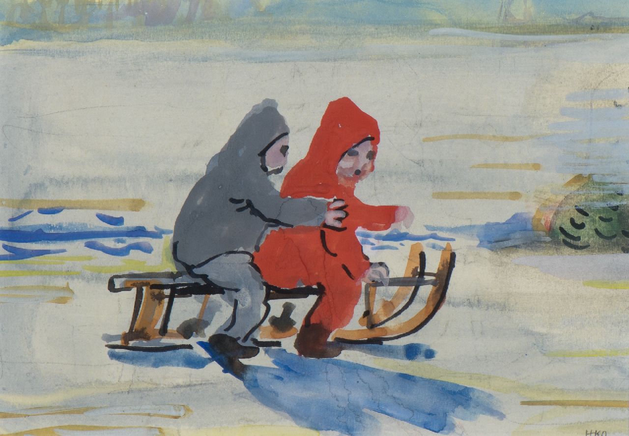 Kamerlingh Onnes H.H.  | 'Harm' Henrick Kamerlingh Onnes | Watercolours and drawings offered for sale | Two children on a sleigh, watercolour and gouache on paper 14.0 x 20.0 cm, signed l.r.