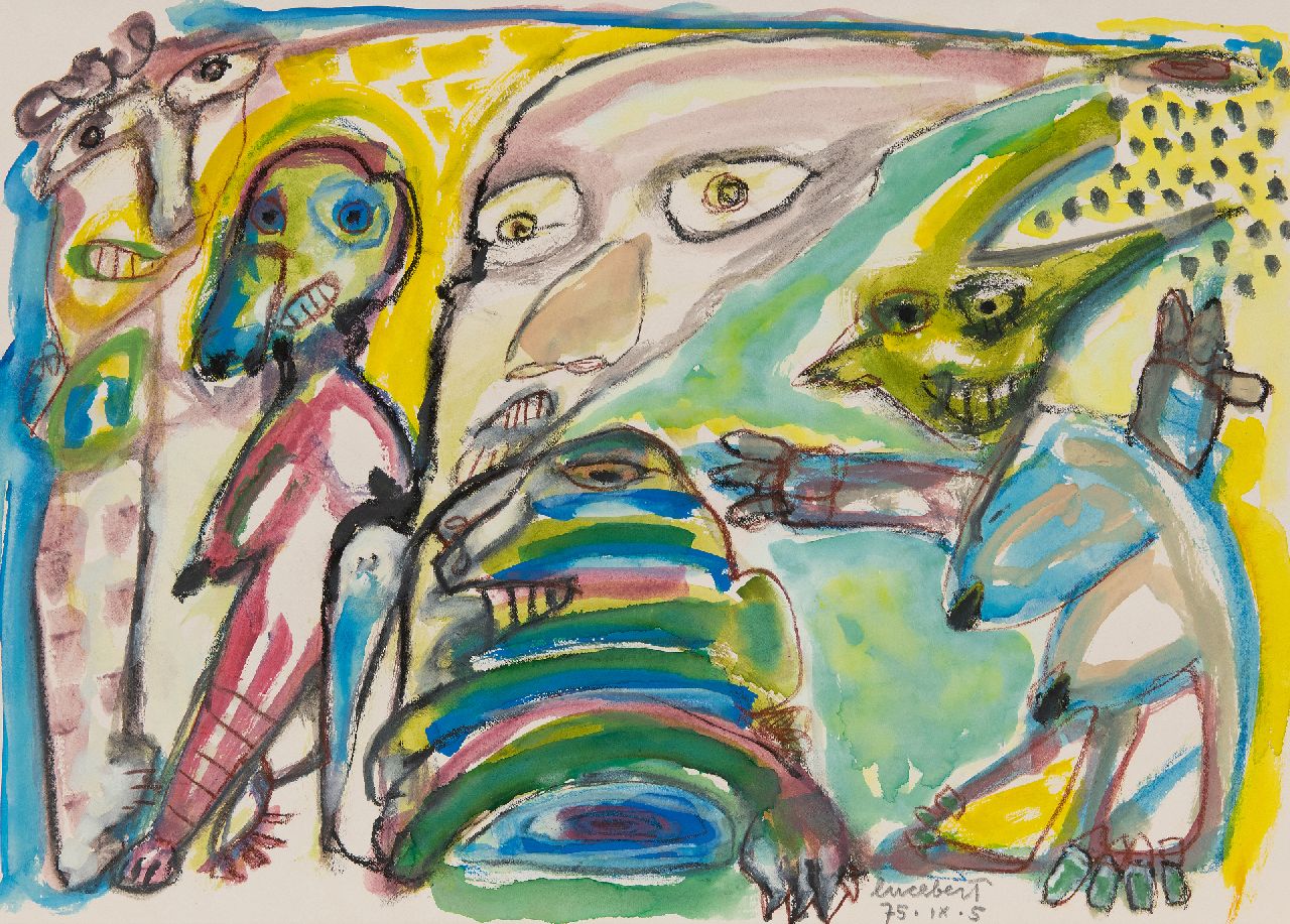Lucebert (Lubertus Jacobus Swaanswijk)   | Lucebert (Lubertus Jacobus Swaanswijk) | Watercolours and drawings offered for sale | Untitled, gouache on paper 49.7 x 56.6 cm, signed l.r. and dated 75. IX. 5
