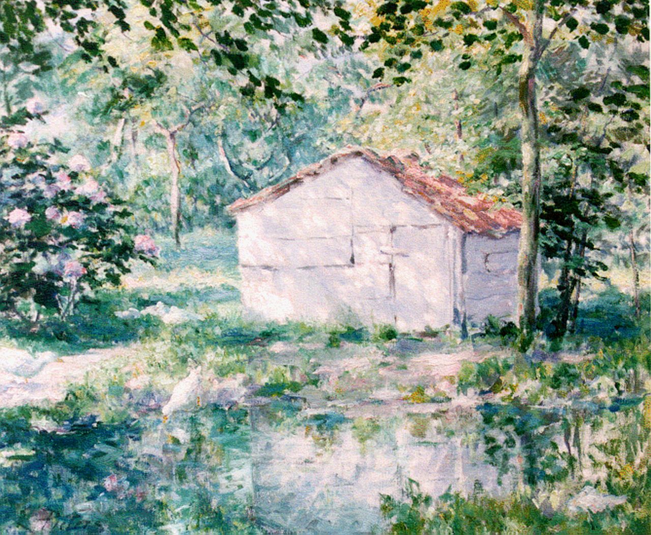 Pieters E.  | Evert Pieters, Schuurtje in het bos, oil on canvas 62.5 x 75.0 cm, gesigneerd linksonder