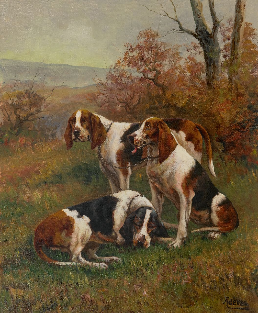 Reeves W.  | Walter Reeves | Paintings offered for sale | Resting hunting dogs, oil on canvas 73.0 x 60.0 cm, signed l.r. and without frame