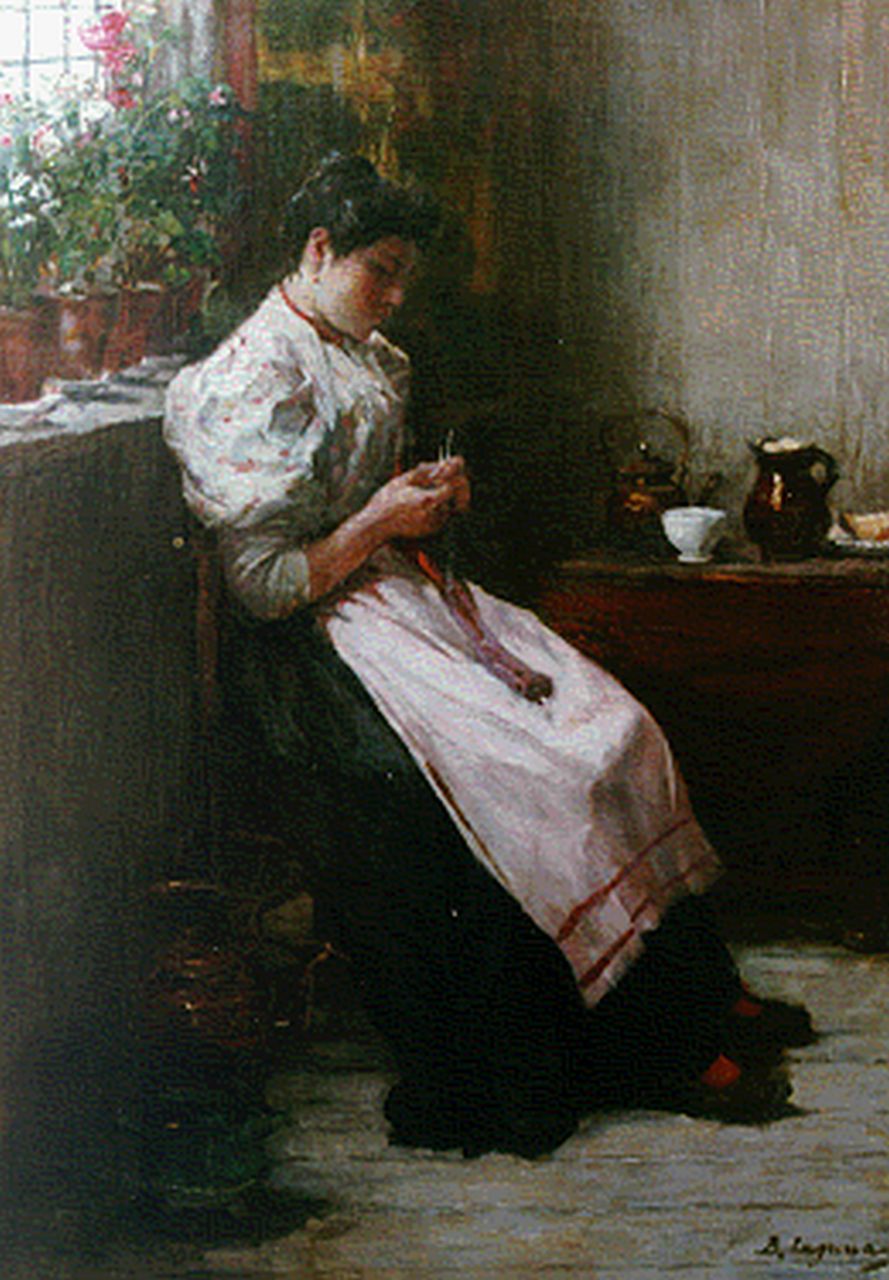 Lopes de Leao Laguna B.  | Baruch  Lopes de Leao Laguna, Interior with woman knitting, oil on canvas 56.5 x 39.9 cm, signed l.r.
