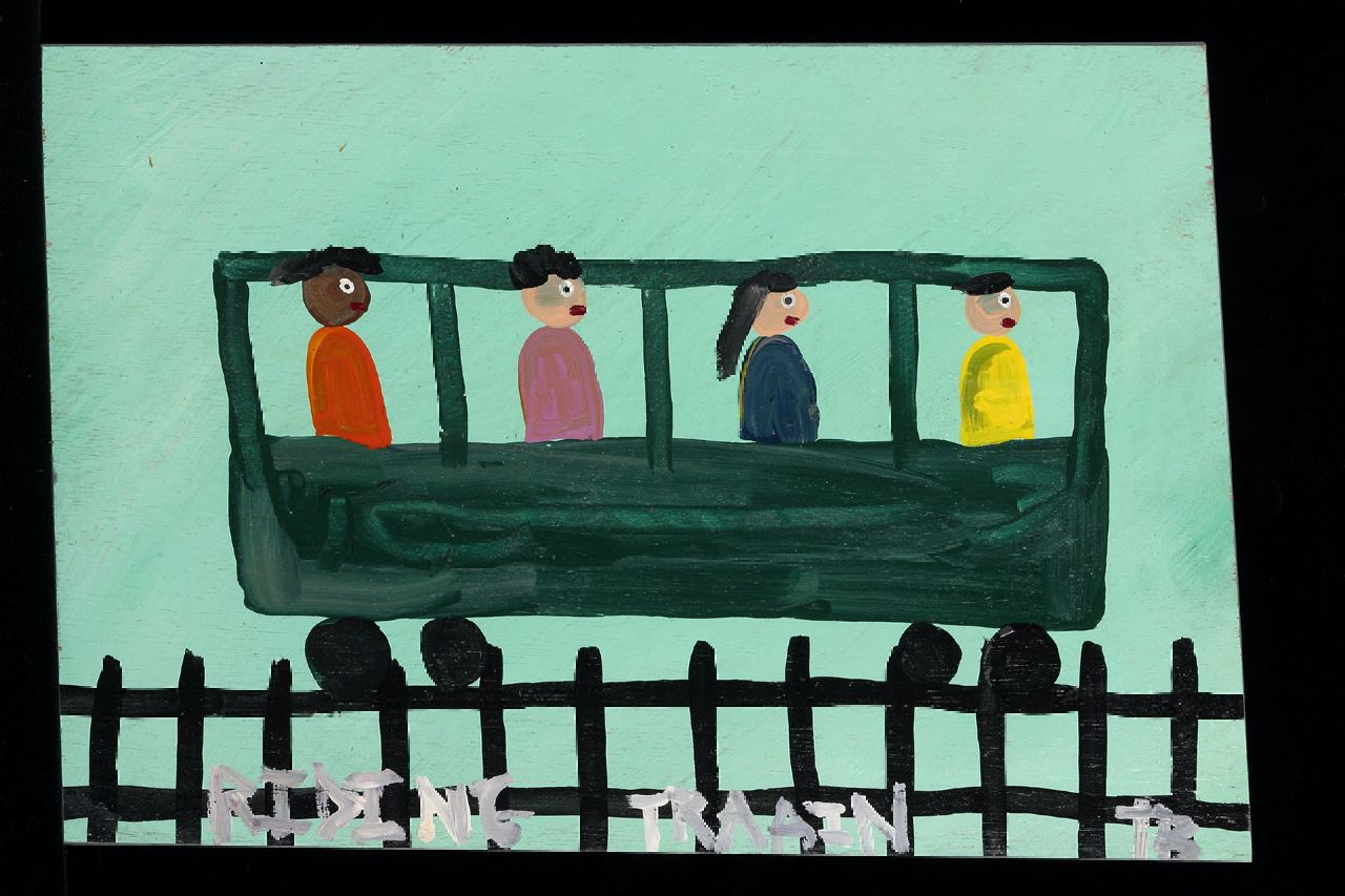 Brown T.  | Timothy 'Tim' Brown, Riding train, acrylic on panel 33.0 x 48.0 cm, signed l.r. with initials