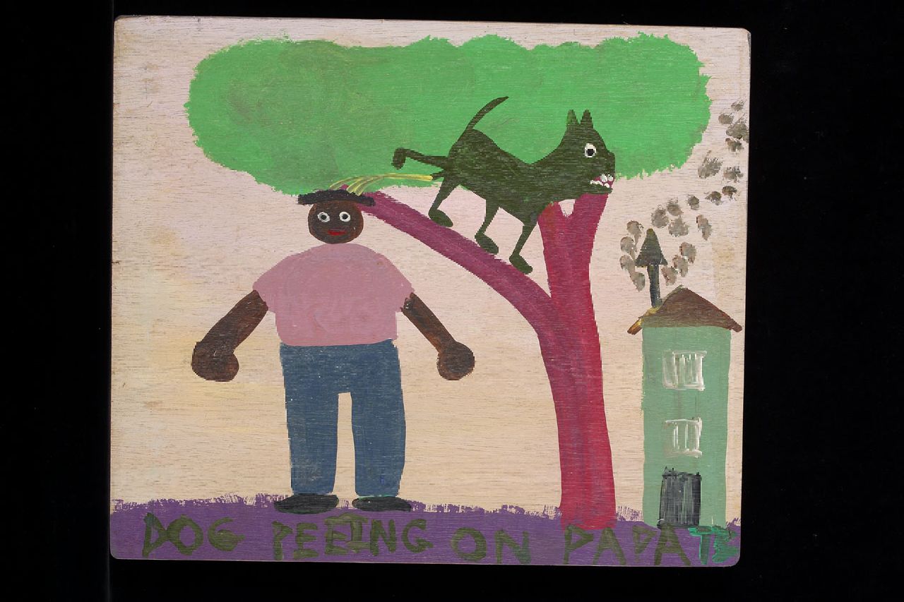 Brown T.  | Timothy 'Tim' Brown, Dog peeing on papa, acrylic on panel 40.0 x 47.0 cm, signed l.r. with initials