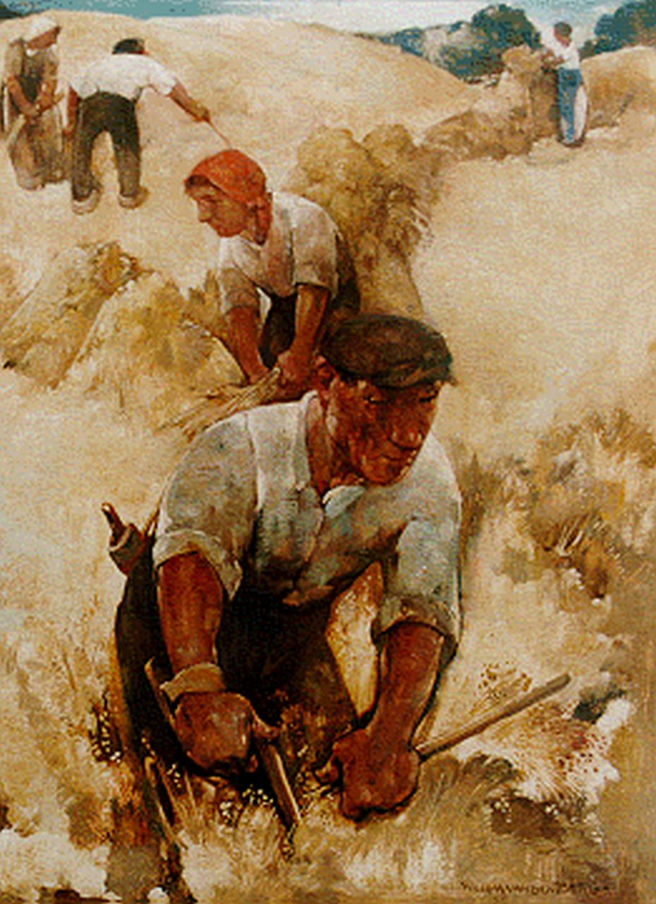 Berg W.H. van den | 'Willem' Hendrik van den Berg, Harvesting farmers, 39.8 x 29.8 cm, signed l.r.